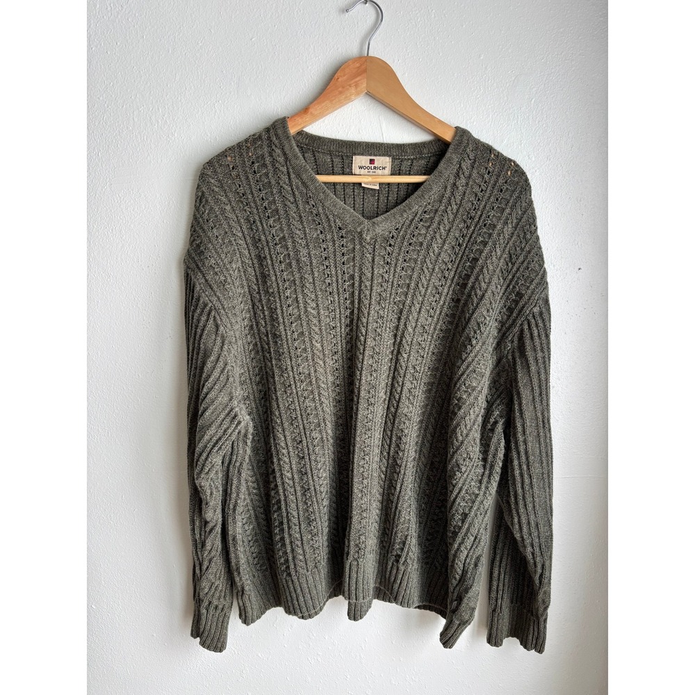 Woolrich Mens 2XL Olive Green V-Neck Cable Knit Ramie Cotton Sweater Relaxed Fit